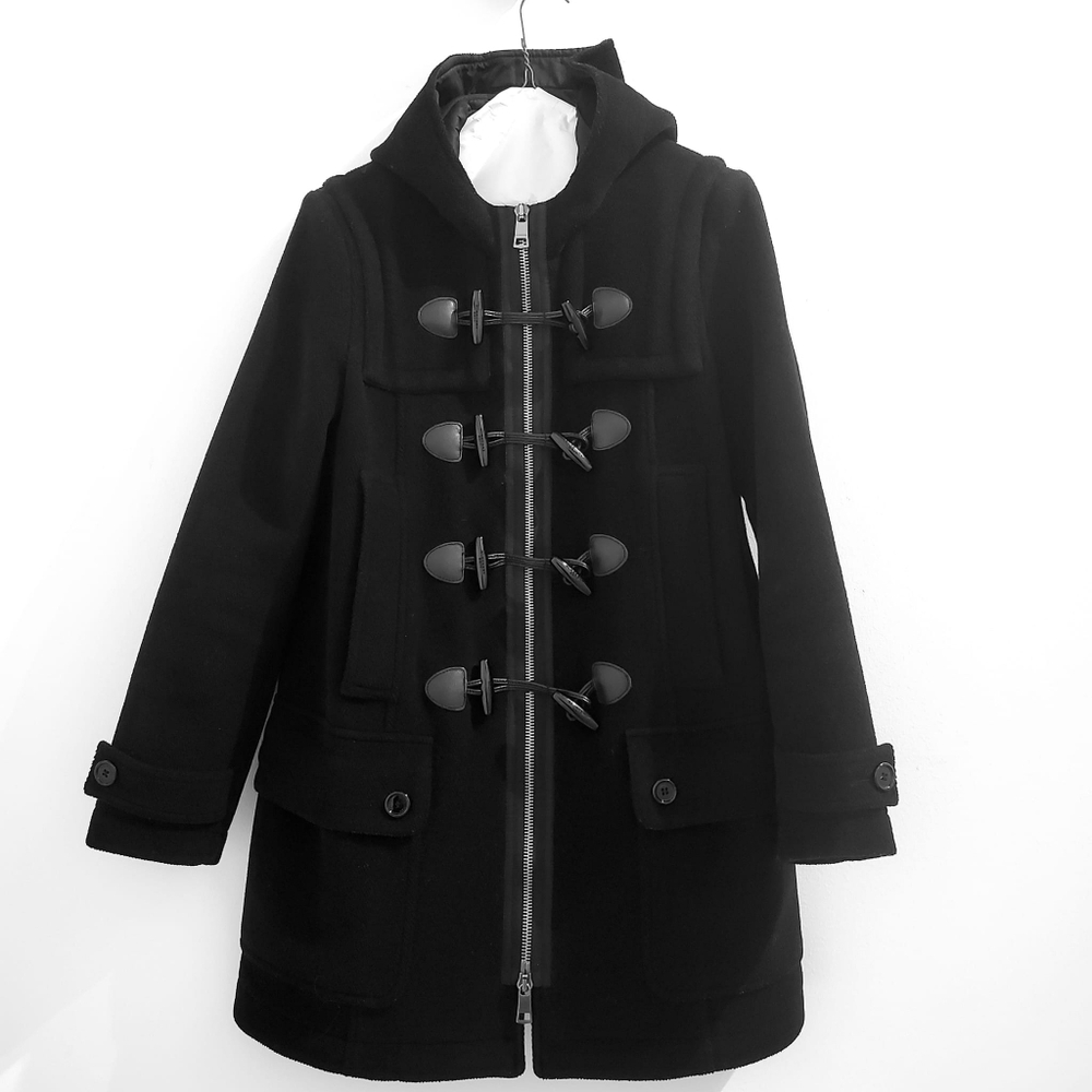 Burberry Burwood Black 100% Wool Duffle Toggle & Zip Hooded Coat